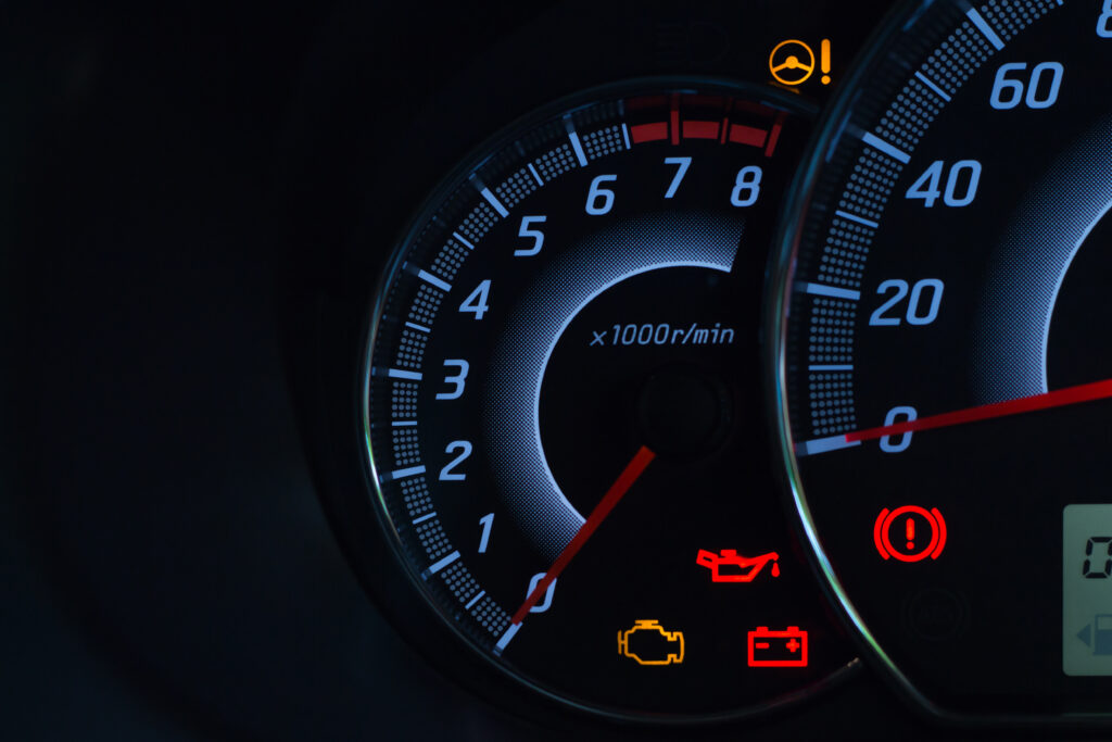 Screen display of car status warning light on dashboard panel symbols which show the fault indicators