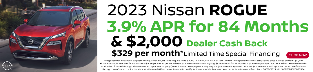 3.9% APR and $2,000 dealer cash back on 2023 Nissan Rogue